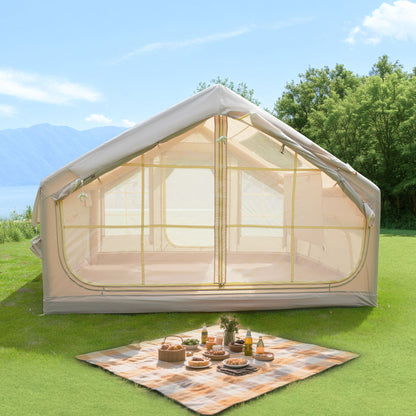 Inflatable Camping Tent for 4–6 People | 4-Season Waterproof Air Tent with Clear Skylight, Mesh Windows & Dual Pump — 420D Oxford Beige