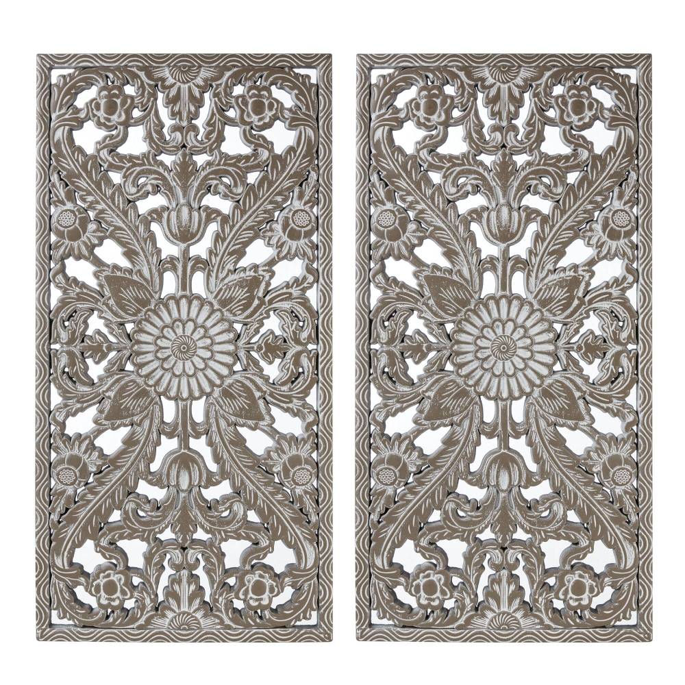 Distressed Lotus Carved Wood Wall Panels – Set of 2, Dimensional Engineered Wood Art