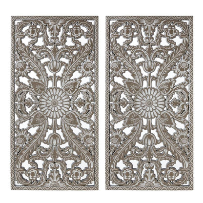 Distressed Lotus Carved Wood Wall Panels – Set of 2, Dimensional Engineered Wood Art