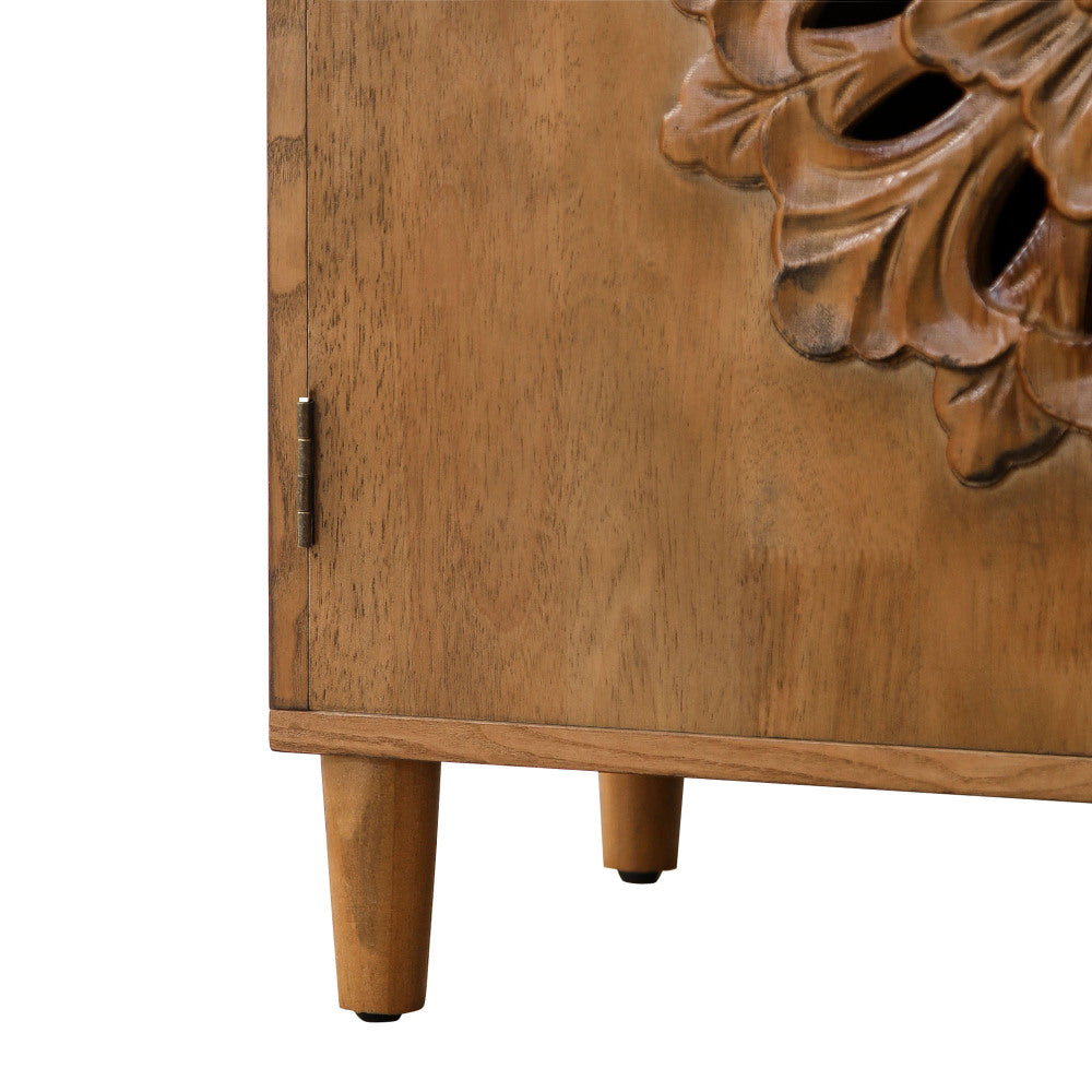 Rustic Hand-Carved 2-Door Accent Cabinet Boho Floral Storage Sideboard with Solid Wood Legs