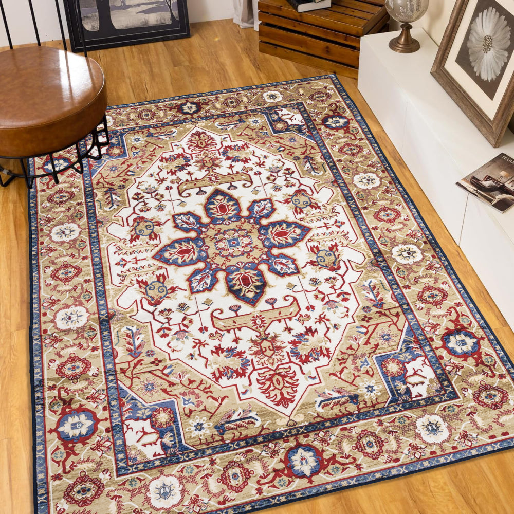 6×9 Vintage Bohemian Persian Area Rug | Washable Non-Slip Floral Design in Blue & Gold — For Living Room, Bedroom & Kitchen Blue
