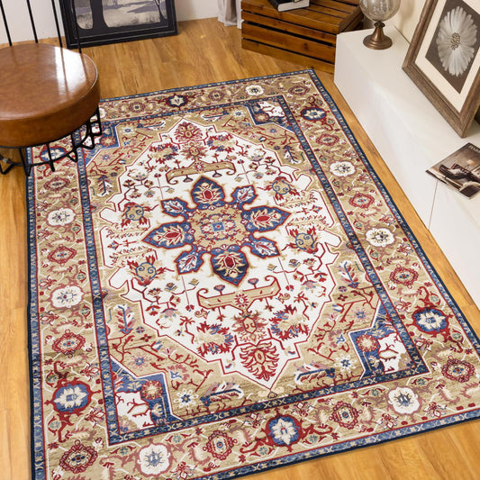 6×9 Vintage Bohemian Persian Area Rug | Washable Non-Slip Floral Design in Blue & Gold — For Living Room, Bedroom & Kitchen