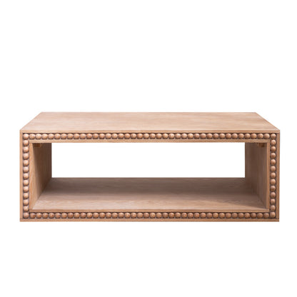 Rustic Beaded Edge Coffee Table with Open Storage Shelf | 47.6" Farmhouse Center Table — Natural Wood Finish
