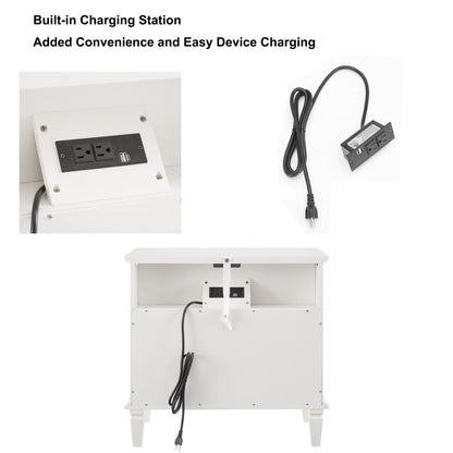 Farmhouse Nightstand with Charging Station | 2 Drawers & Open Shelf | Fluted Side Table with Solid Wood Legs