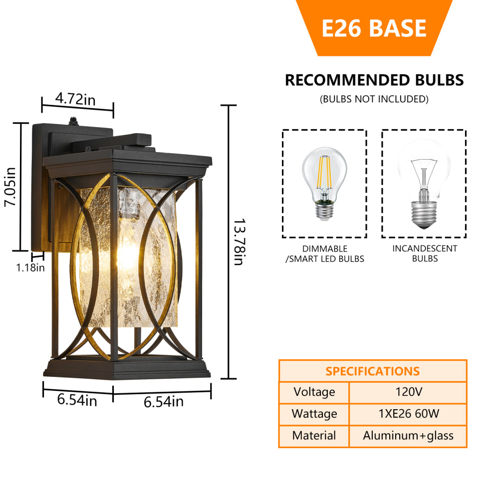 13.8" Oil-Rubbed Bronze Outdoor Wall Lantern | IP65 Waterproof Dusk-to-Dawn Sconce with Crack-Glass & Manual Override — Porch, Garage & Front Door