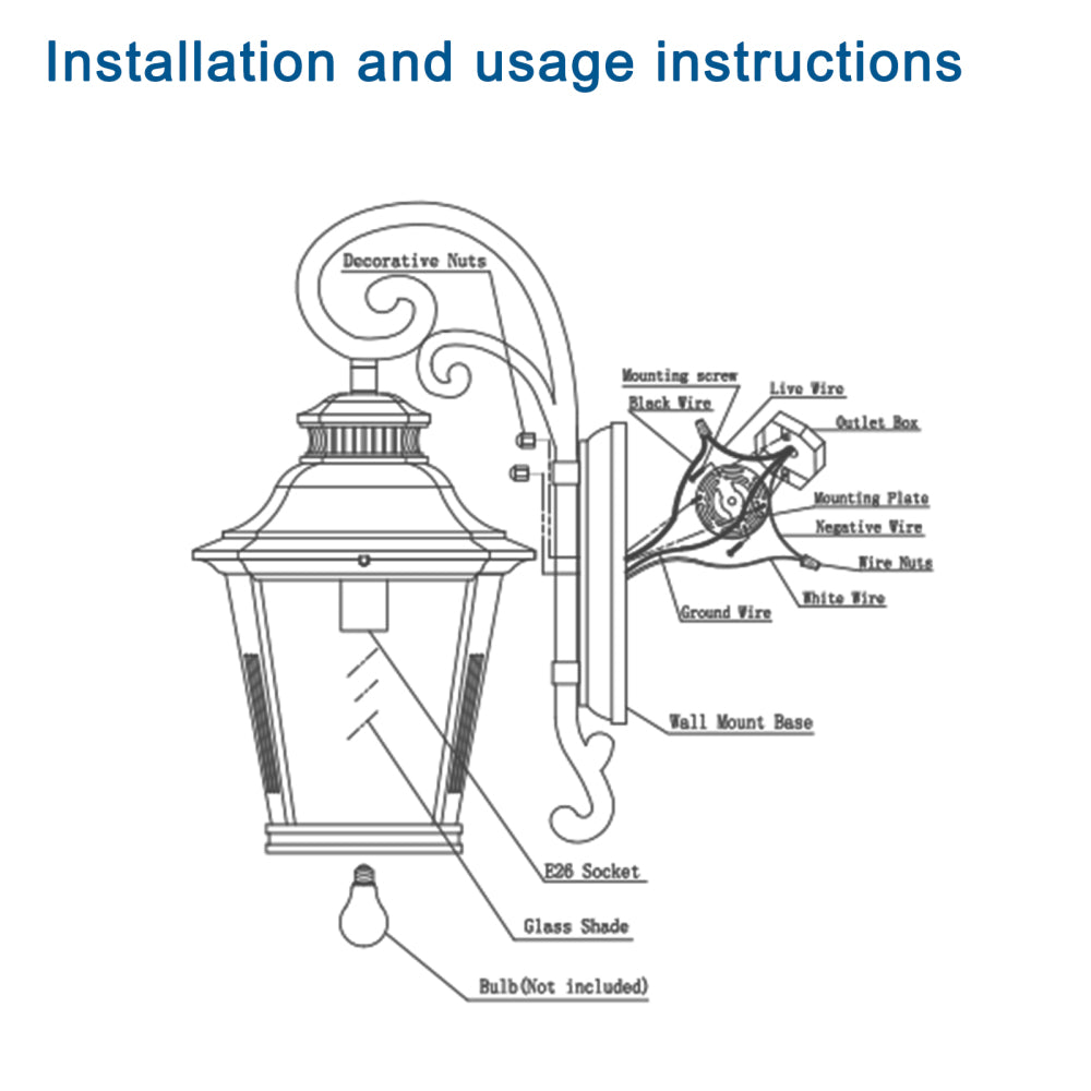 Vintage Black Outdoor Wall Lantern – 21" Farmhouse Sconce with Clear Glass & Scroll Detail