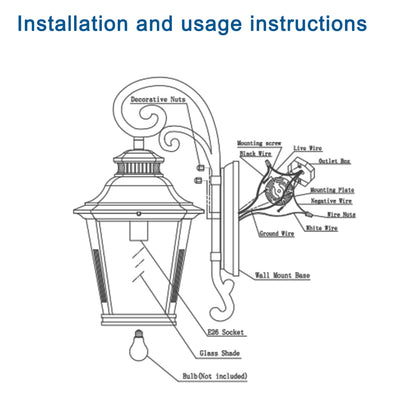 Vintage Black Outdoor Wall Lantern – 21" Farmhouse Sconce with Clear Glass & Scroll Detail