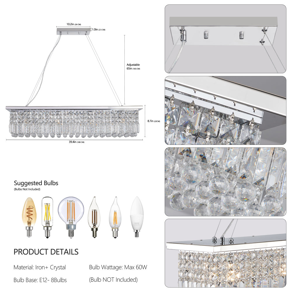Product details for 39.4-inch rectangular crystal raindrop chandelier: iron and crystal construction, E12 base with 8 bulbs (max 60W), plus close-up crystal facets and suggested bulbs.