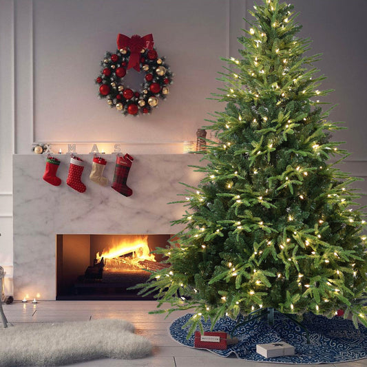 6.5 FT Pre-Lit Artificial Christmas Tree with 450 Warm White Lights | 2225-Tip PE+PVC Hinged Pine with Memory Wire Branches & Foldable Stand