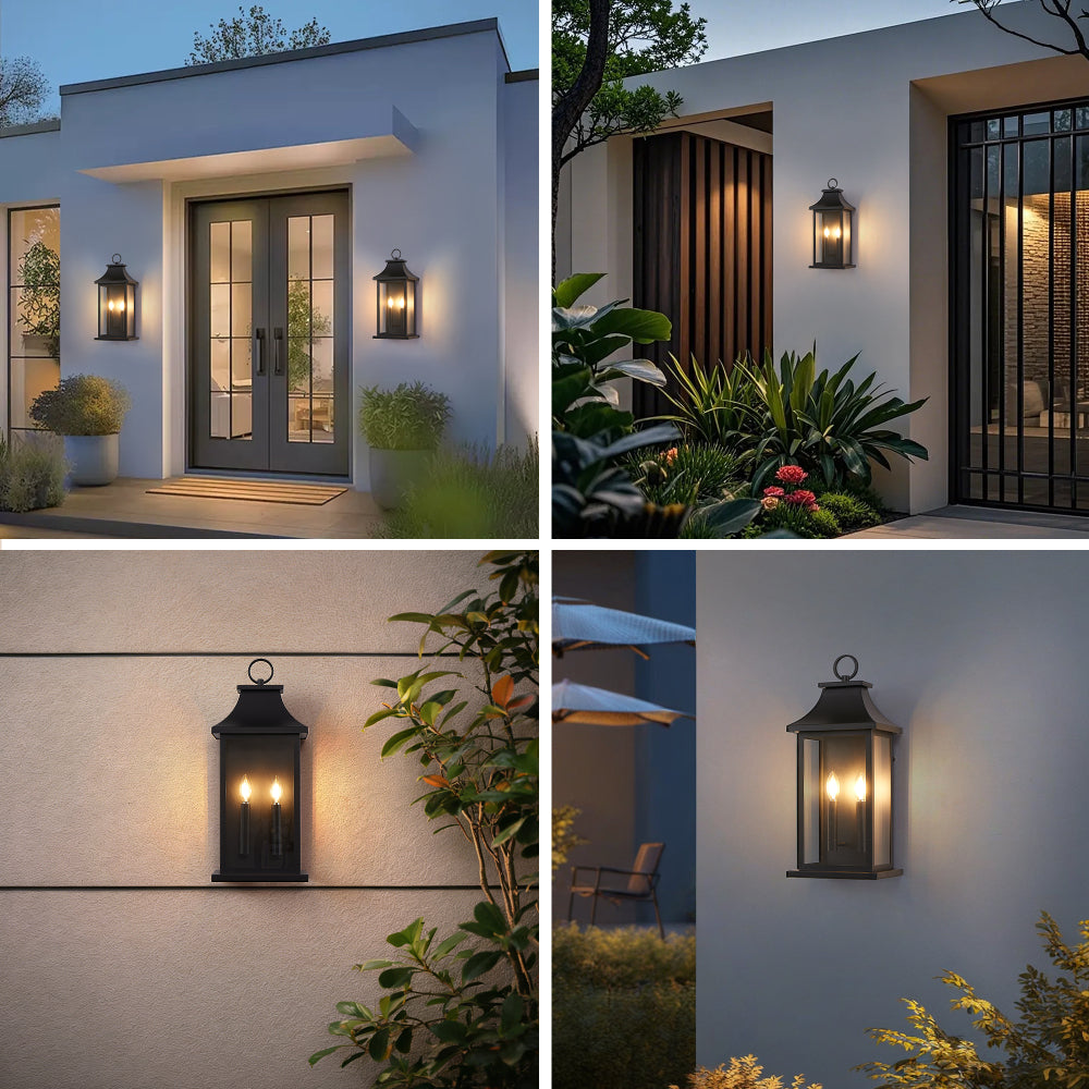 22.2" Dusk-to-Dawn Outdoor Wall Lantern | 2-Light Large Black Exterior Sconce with Glass — Waterproof Porch, Garage & House Light 1-2 Pack