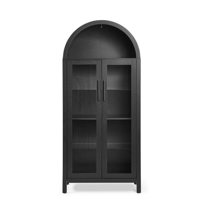 High-Arched Storage Cabinet with LED Light Modern Retro Wood Glass Display Cabinet with Adjustable Shelves Black
