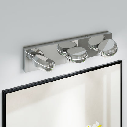Modern chrome LED vanity light bar with round reflective lights mounted above mirror, designed for makeup and daily use.