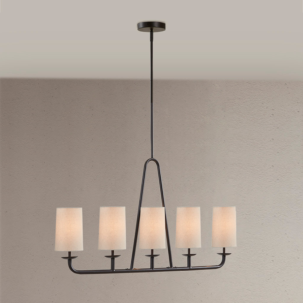 5-Light Modern Farmhouse Linear Chandelier – Drum Shades & Oil Rubbed Bronze | Kitchen Island & Dining Room