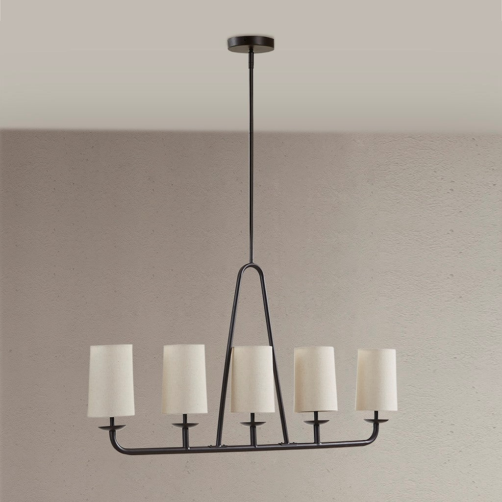 5-Light Modern Farmhouse Linear Chandelier – Drum Shades & Oil Rubbed Bronze | Kitchen Island & Dining Room