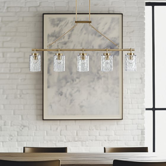 5-Light Linear Chandelier – Textured Glass Shades & Antique Brass | Dining Room & Kitchen Island