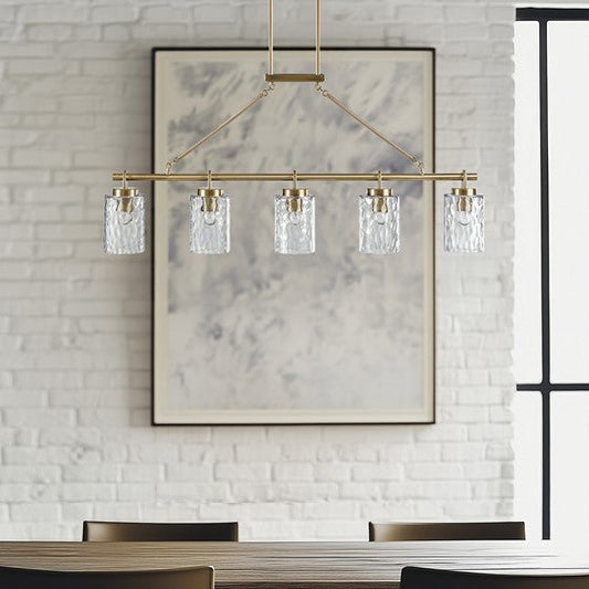 5-Light Linear Chandelier – Textured Glass Shades & Antique Brass | Dining Room & Kitchen Island