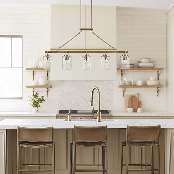 5-Light Linear Chandelier – Textured Glass Shades & Antique Brass | Dining Room & Kitchen Island