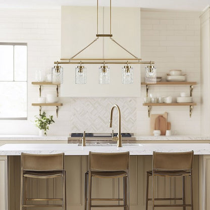 5-Light Linear Chandelier – Textured Glass Shades & Antique Brass | Dining Room & Kitchen Island