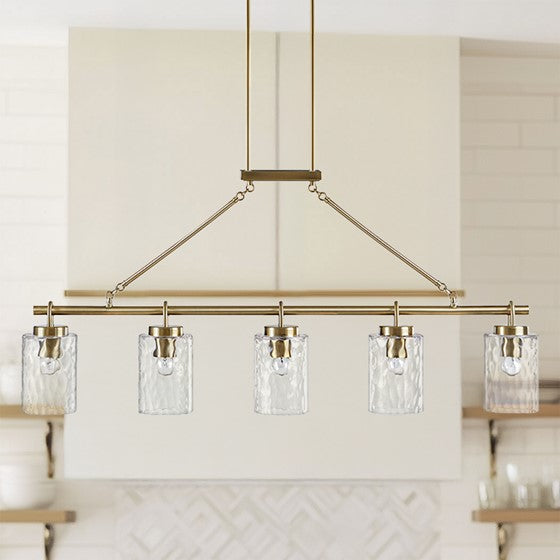 5-Light Linear Chandelier – Textured Glass Shades & Antique Brass | Dining Room & Kitchen Island