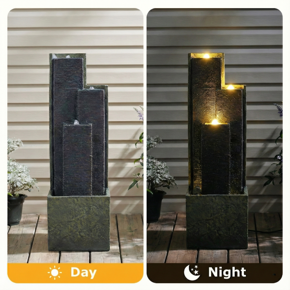 39" Freestanding Outdoor Waterfall Fountain with LED Light | Cascading Tiered Resin Garden Fountain for Patio, Porch & Backyard