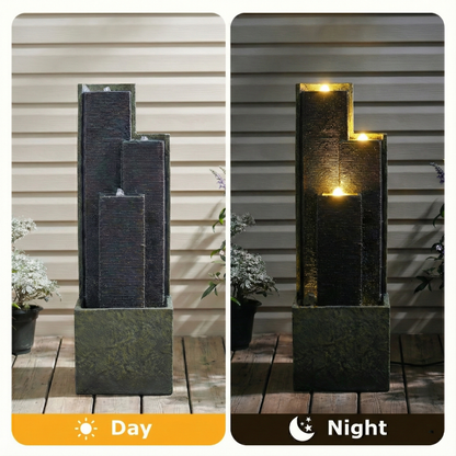 39" Freestanding Outdoor Waterfall Fountain with LED Light | Cascading Tiered Resin Garden Fountain for Patio, Porch & Backyard