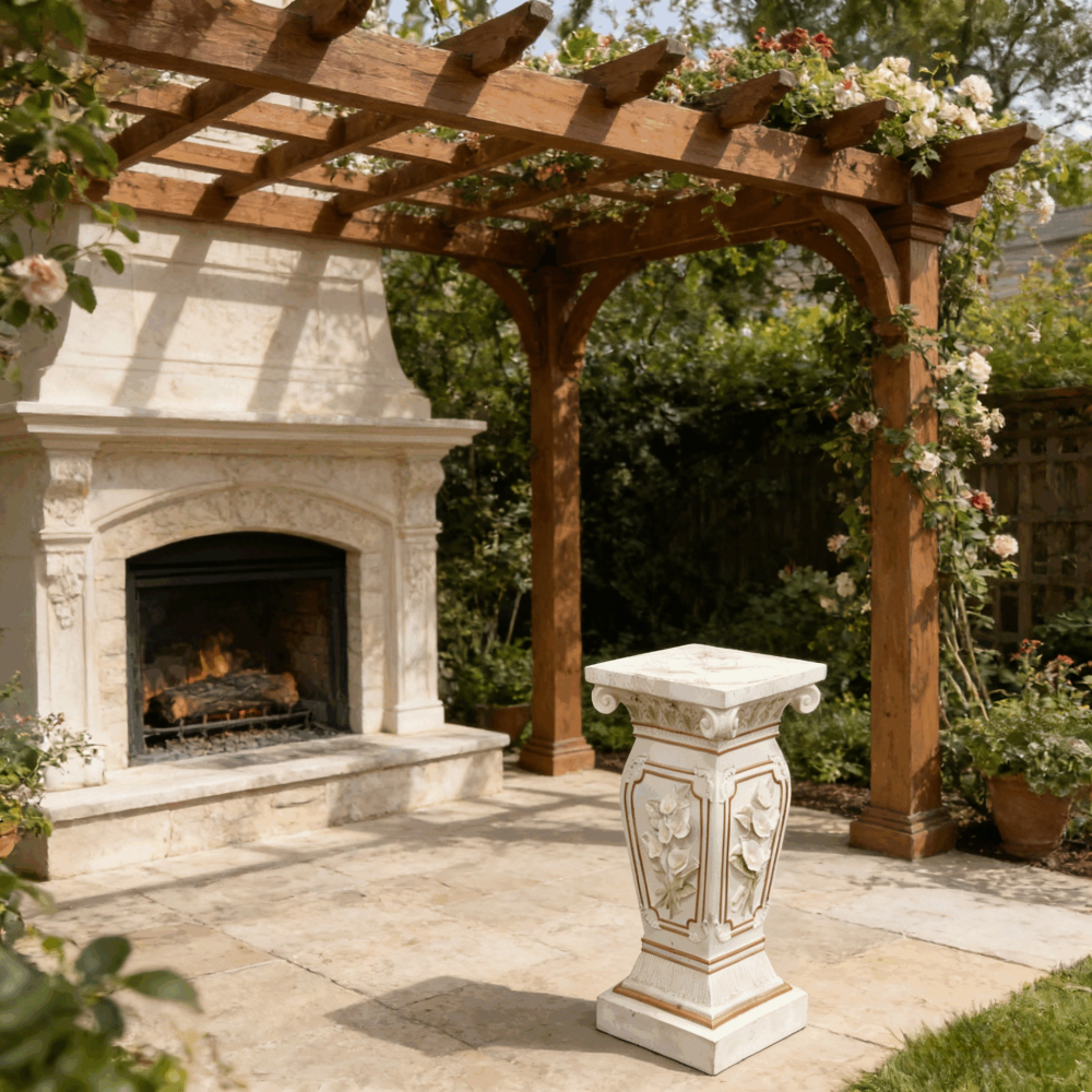 22" European Floral Roman Column Pedestal | Resin Carved Ionic Pillar Display Stand — Indoor & Outdoor Garden & Home Decor