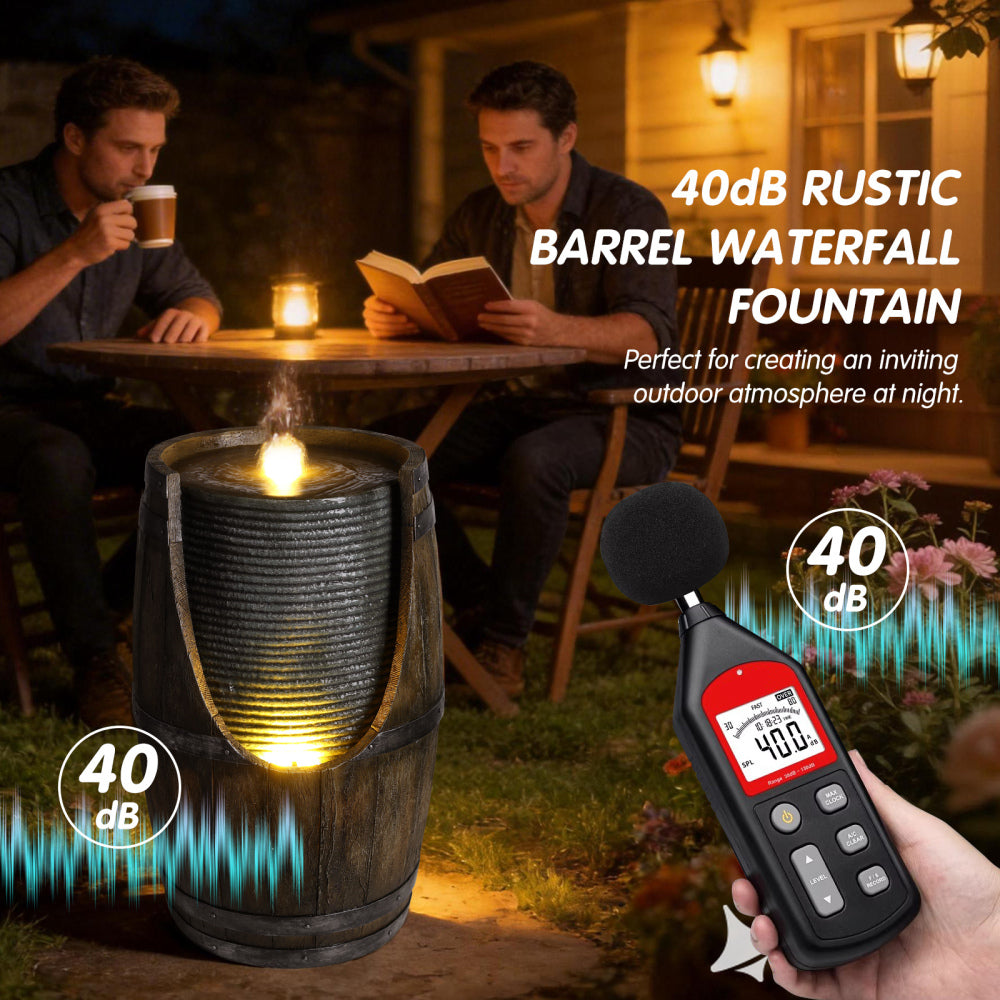 Rustic Barrel Outdoor Water Fountain with LED Lights | Resin Farmhouse Waterfall Fountain for Patio, Porch & Yard