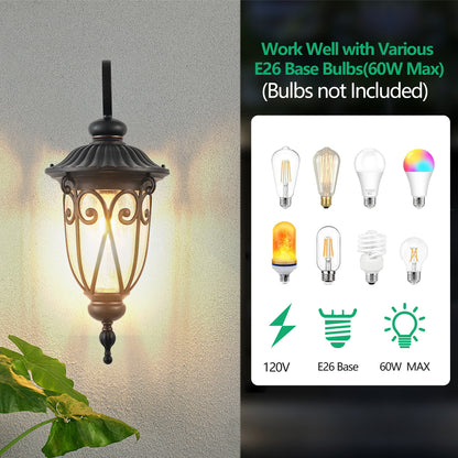 Black vintage outdoor wall lantern mounted on a wall, compatible with various E26 base bulbs including LED, Edison, and CFL, with 60W max power.