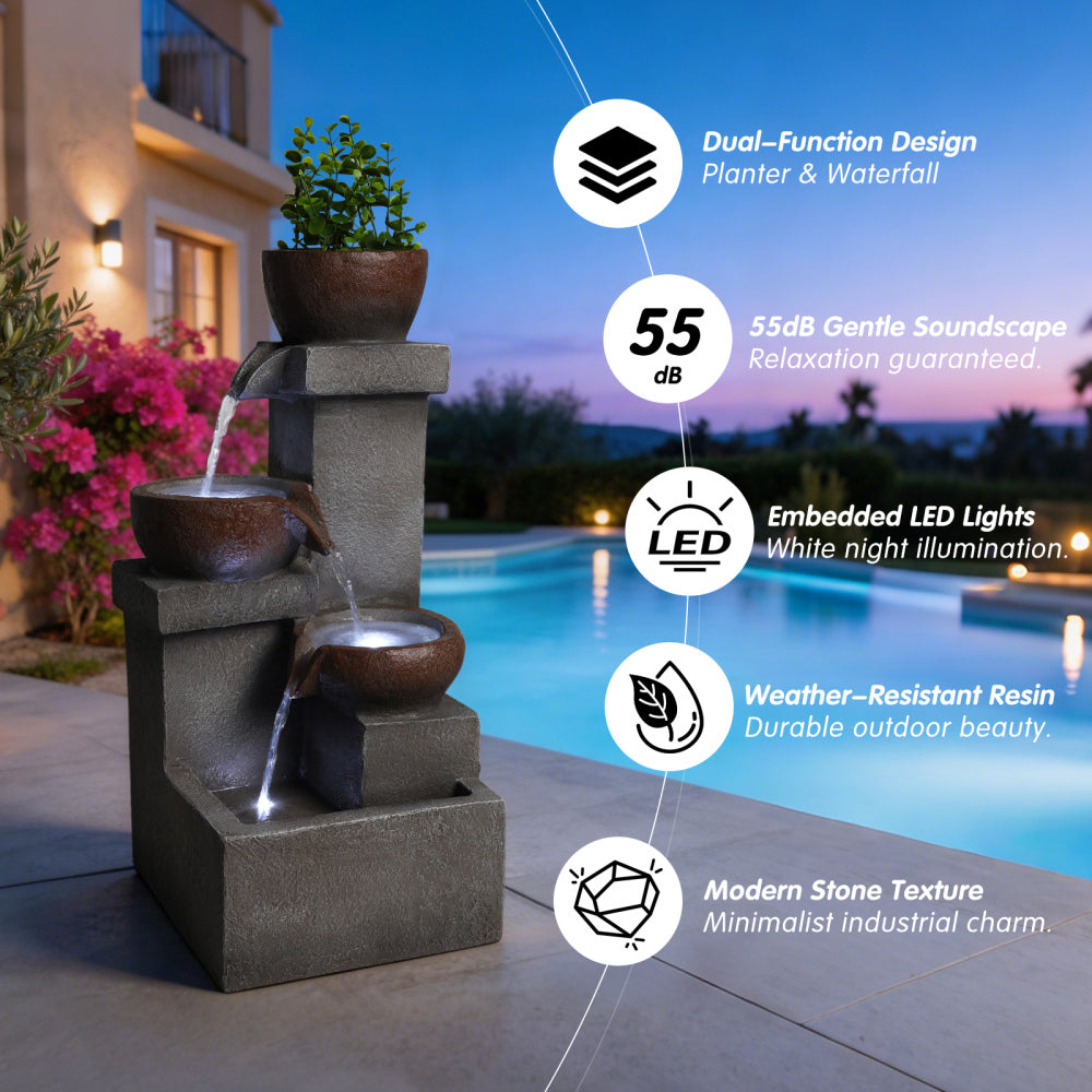 Tiered Cascading Jar Outdoor Fountain with LED Lights | Resin Stone-Look Waterfall with Planter Top — Garden, Patio & Entryway Decor