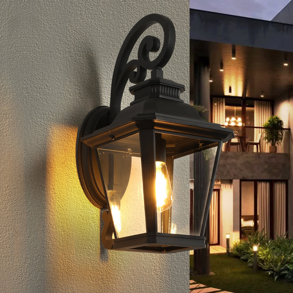 Vintage Black Outdoor Wall Lantern – 21" Farmhouse Sconce with Clear Glass & Scroll Detail