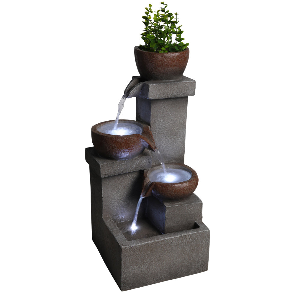Tiered Cascading Jar Outdoor Fountain with LED Lights | Resin Stone-Look Waterfall with Planter Top — Garden, Patio & Entryway Decor