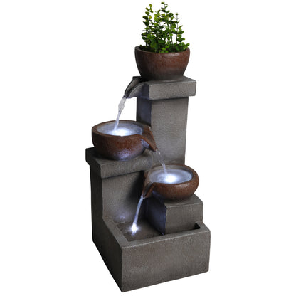 Tiered Cascading Jar Outdoor Fountain with LED Lights | Resin Stone-Look Waterfall with Planter Top — Garden, Patio & Entryway Decor