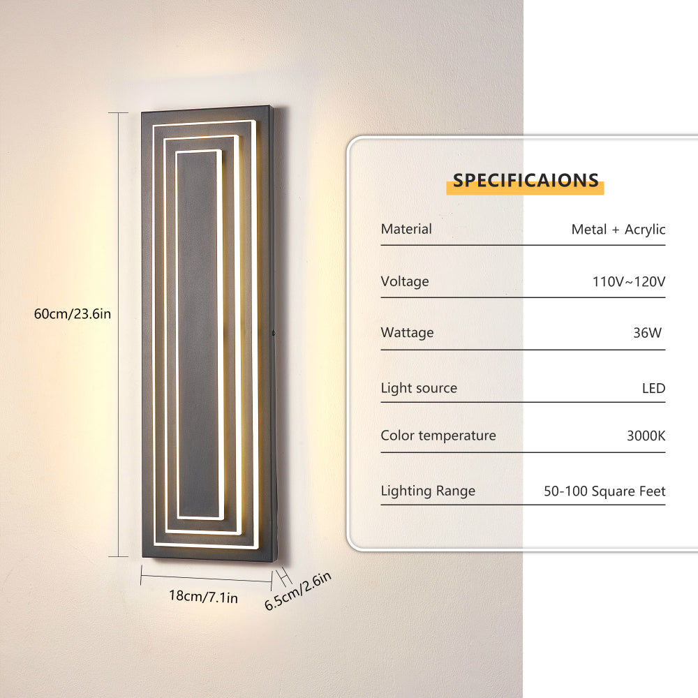 3-Tier LED Outdoor Wall Sconce | Modern Black Exterior Light with Acrylic Shade — 15.7" or 23.6", 24W Warm White, 2-Pack