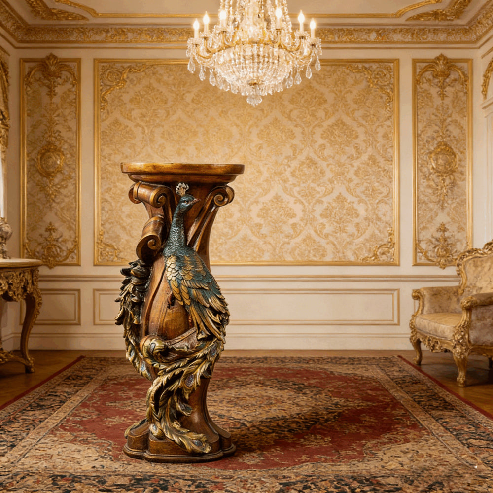 33" Luxury Roman Column Pedestal | Resin Fairy & Floral Relief Pillar Stand — Vintage European Decor for Living Room & Entryway