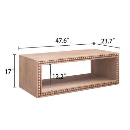 Rustic Beaded Edge Coffee Table with Open Storage Shelf | 47.6" Farmhouse Center Table — Natural Wood Finish