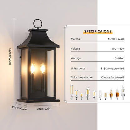 22.2" Dusk-to-Dawn Outdoor Wall Lantern | 2-Light Large Black Exterior Sconce with Glass — Waterproof Porch, Garage & House Light 1-2 Pack