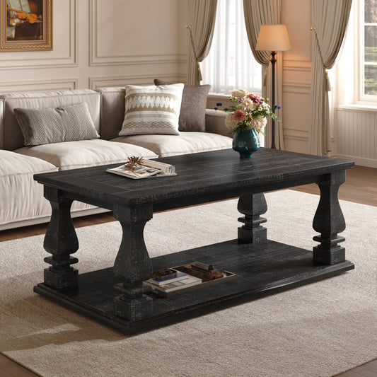 Farmhouse Coffee Table with Storage Shelf 47" Rustic Solid Wood Planked Top & Square Baluster Legs