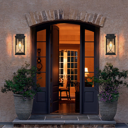 Black Outdoor Wall Lantern with Crackled Glass | 14" Modern Porch Light, E26 Base