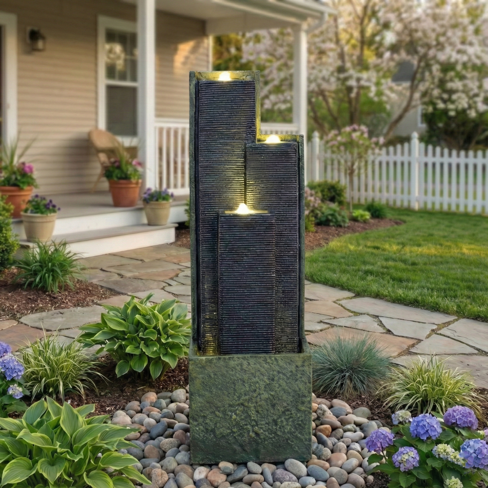 39" Freestanding Outdoor Waterfall Fountain with LED Light | Cascading Tiered Resin Garden Fountain for Patio, Porch & Backyard