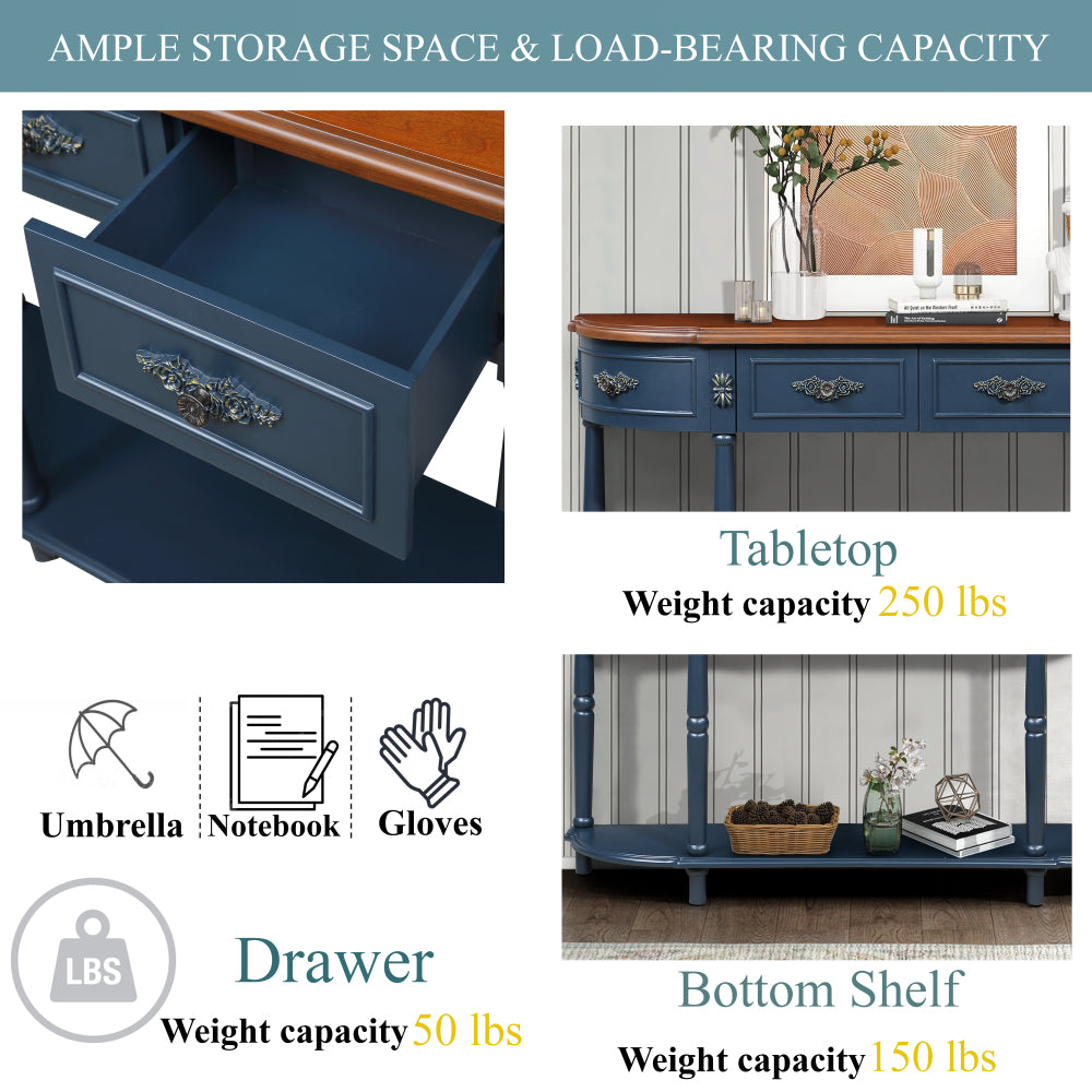 Retro Half-Moon Console Table with 2 Drawers & Open Shelf | 52" Curved Solid Wood Sofa Table — Navy Blue & Brown