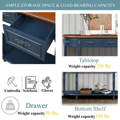 Retro Half-Moon Console Table with 2 Drawers & Open Shelf | 52" Curved Solid Wood Sofa Table — Navy Blue & Brown