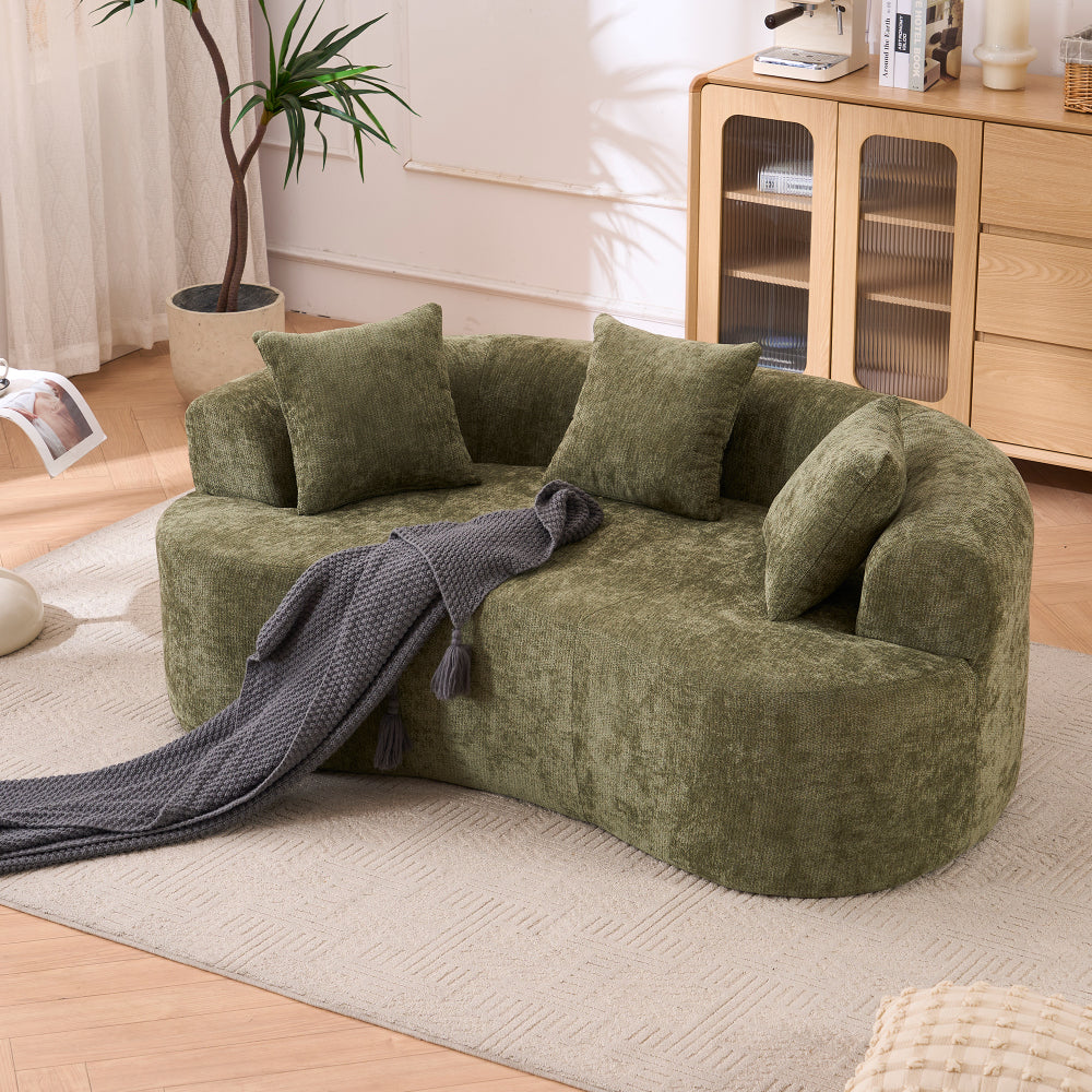 Crescent Sectional Sofa | No-Assembly Chenille 2-Seater with Low-Back Deep Cushions & Self-Inflating Foam — Green / Gray