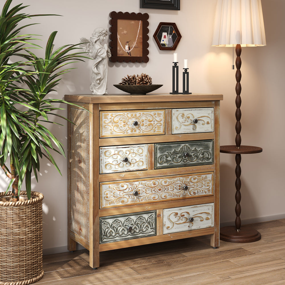 Rustic Farmhouse 6-Drawer Accent Chest – Multicolor Carved Wood, Bedroom & Living Room