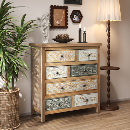 Rustic Farmhouse 6-Drawer Accent Chest – Multicolor Carved Wood, Bedroom & Living Room