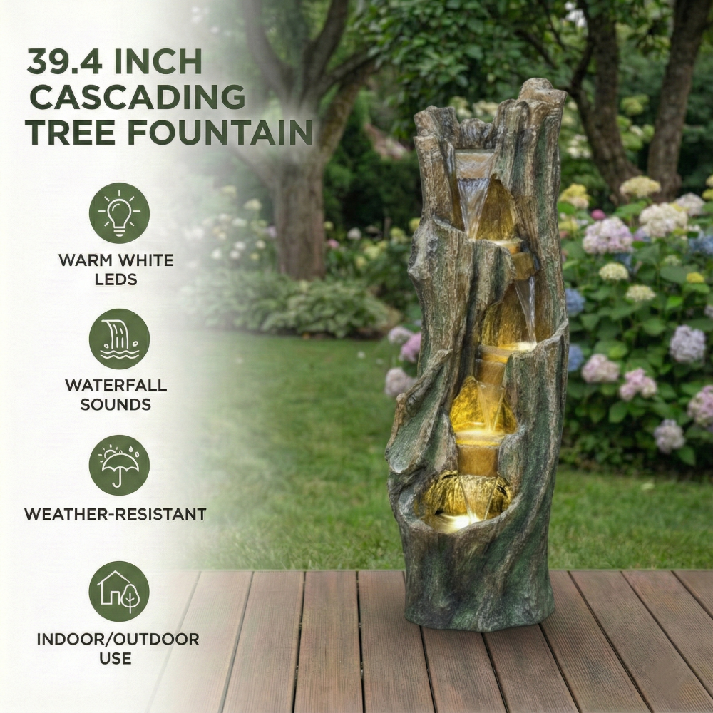 Tree Design Waterfall Outdoor Fountain with LED Lights | Freestanding Fiberglass Resin Garden Fountain for Patio, Backyard & Lawn