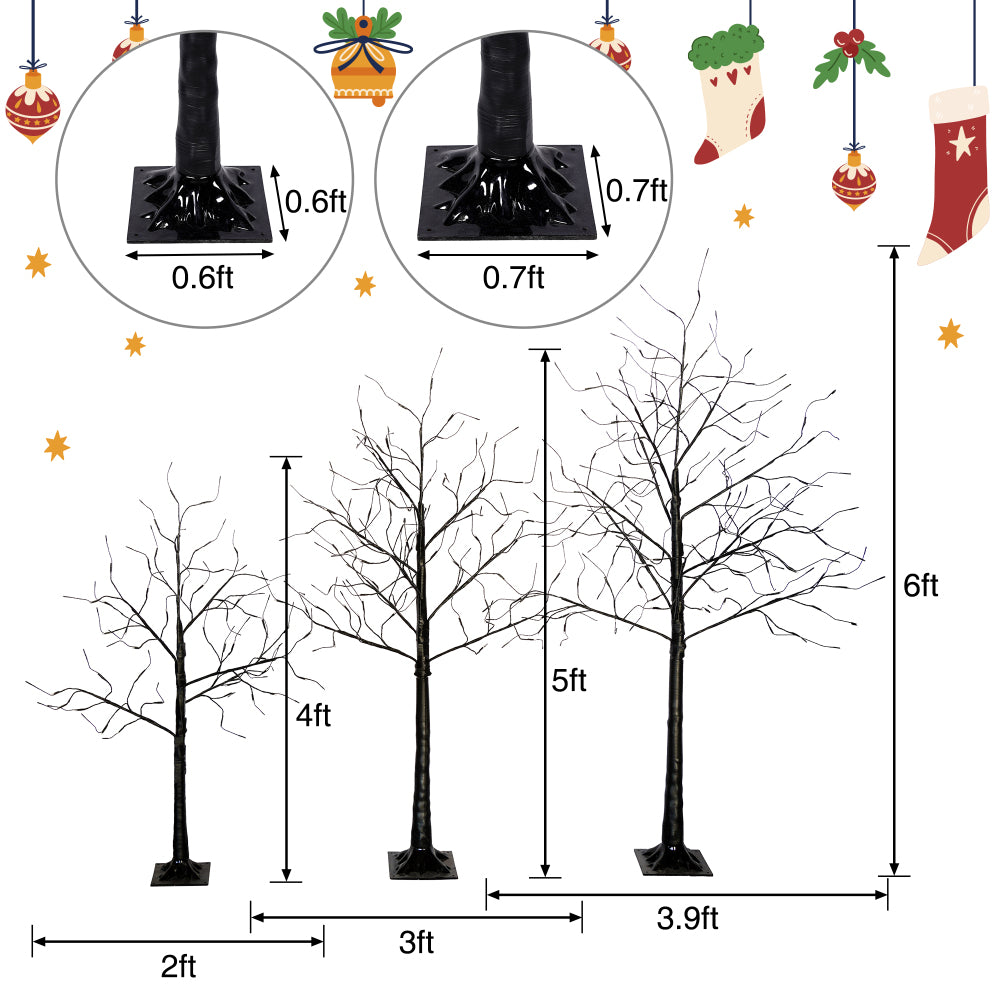 Black Halloween Christmas Tree Set | 3-Pack 4FT + 5FT + 6FT with 216 Purple LED Lights — Adjustable Branches for Spooky Holiday Decor