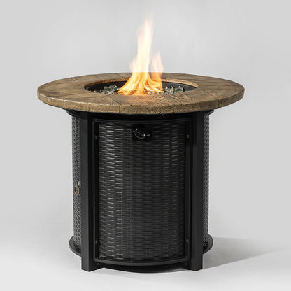 30" Propane Fire Pit Table | 50,000 BTU Round Steel Fire Pit with Wood-Grain Finish & Glass Stones