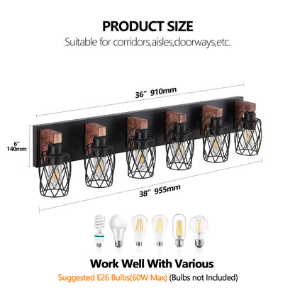 Industrial black metal cage wall sconce with wood accents, 6-light vintage fixture, 36 inches long, 6 inches high, suitable for bathrooms and hallways.