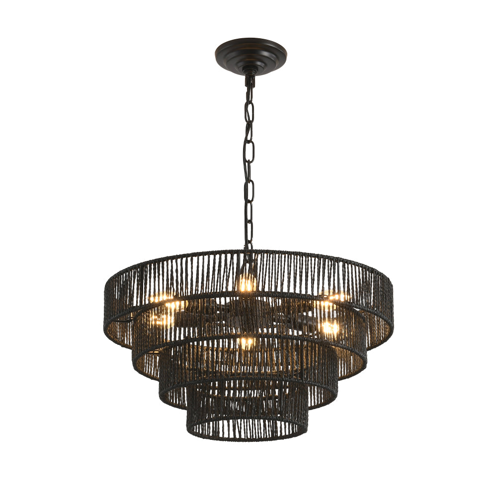 4-tier black hemp rope chandelier with lit E12 bulbs, shown against a white background.