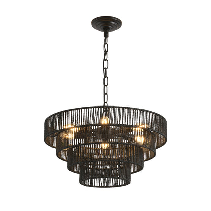 4-tier black hemp rope chandelier with lit E12 bulbs, shown against a white background.